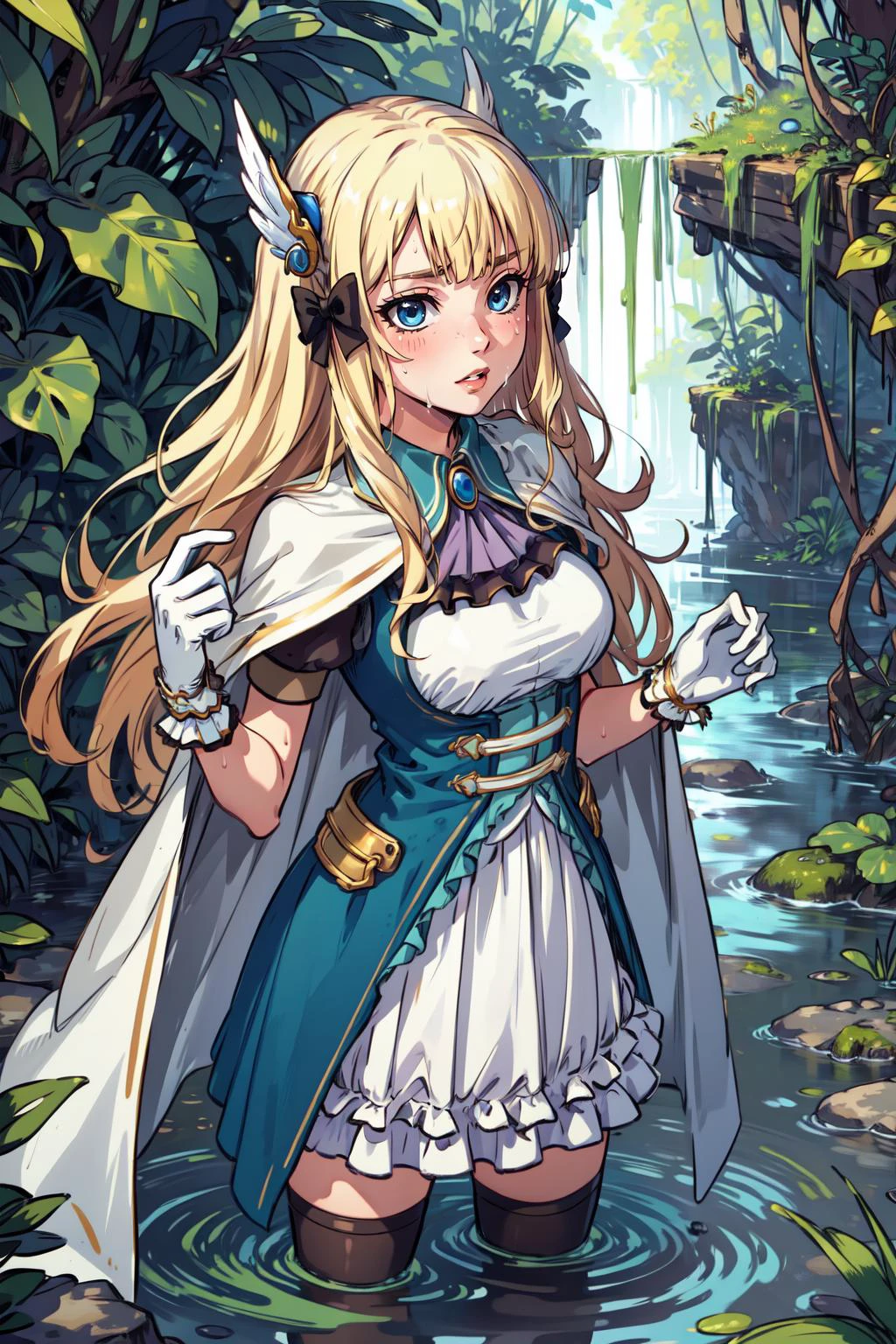 (masterpiece, best quality), intricate details,
1girl, <lora:saren_v1:0.8> aasaren, long hair, blonde hair, hair bow, black bow, hair ornament, blunt bangs, pointy ears, large breasts, brooch, white cape, aqua dress, underbust, short sleeves, white gloves, white skirt, frilled skirt, white thighhighs,
sweating, boob sweat,
<lora:bottomlessSwamp:0.4> swamp,bottomless swamp,sticky slime
outdoors, jungle, hot, vines,