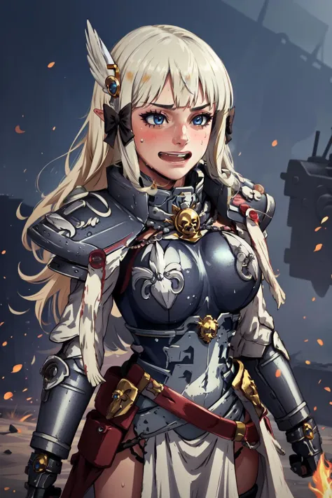 (masterpiece, best quality), intricate details,
1girl, <lora:saren_v1:0.8> aasaren, long hair, blonde hair, hair bow, black bow, hair ornament, blunt bangs, pointy ears, large breasts,
sweating,
<lora:edgWar40KAdeptaSororitas:1> edgAdepta, ,wearing edgAdepta,power armor,shoulder armor,skull emblem
flamethrower, maniacal, dark, battlefield, black armor, <lora:smirkingmouth_v100:1> open mouth