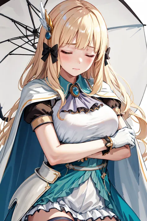 masterpiece, (detailed, highres, best quality), 1girl, <lora:saren_v1:1> aasaren, long hair, blonde hair, hair bow, black bow, hair ornament, blunt bangs, pointy ears, large breasts, brooch, white cape, aqua dress, underbust, short sleeves, white gloves, white skirt, frilled skirt, white thighhighs, umbrella, upper body, closed eyes, closed mouth, head rest, object hug, sleeping, solo