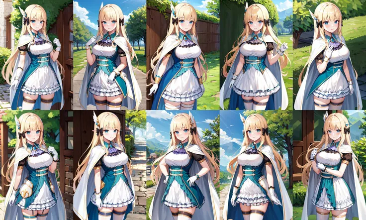masterpiece, best quality, highres, rena2nd, long hair, green hair, hair ornament, large breasts, detached collar, cleavage, green dress, puffy sleeves, corset, white gloves, elbow gloves, white thighhighs, <lora:rena_v1:0.7>, standing, cowboy shot, town, outdoors, smile,