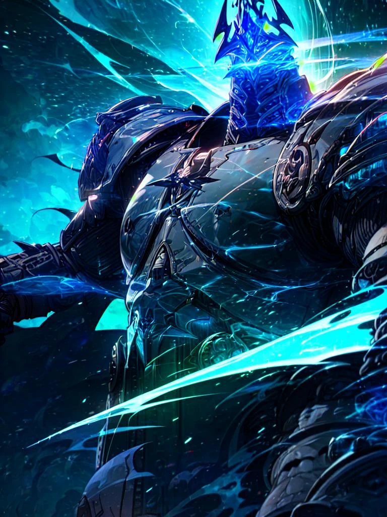 8k UHD, Photo by Nikon camera, masterpiece, (<lora:lich_king:1> Lich King), (anime, manga, drawing), man, male, watching viewer, 8k unreal engine render, glow, action shot, detailed eyes, very vivid lighting, detailed, (vibrant, photo realistic, realistic, dramatic, dark, sharp focus), <lora:add_detail:0.8>, <lora:hotarublurbk_v100:-1>