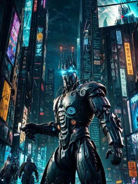 8k UHD, Photo by Nikon camera, masterpiece, (<lora:lich_king:1> Lich King), man, male, cartoon, watching viewer, 8k unreal engine render, cyberpunk, tech armor, glowing armor, neon armor, power armor, glow, neon, mechanical parts, tech parts, cyborg, robot, technological city full of neons, cyberpunk city, neon city, glow, action shot, detailed eyes, very vivid lighting, detailed, (vibrant, photo realistic, realistic, dramatic, dark, sharp focus), <lora:Cyberpunk_style-05:0.8> Cyberpunk Style, <lora:add_detail:0.8>, <lora:hotarublurbk_v100:-1>
