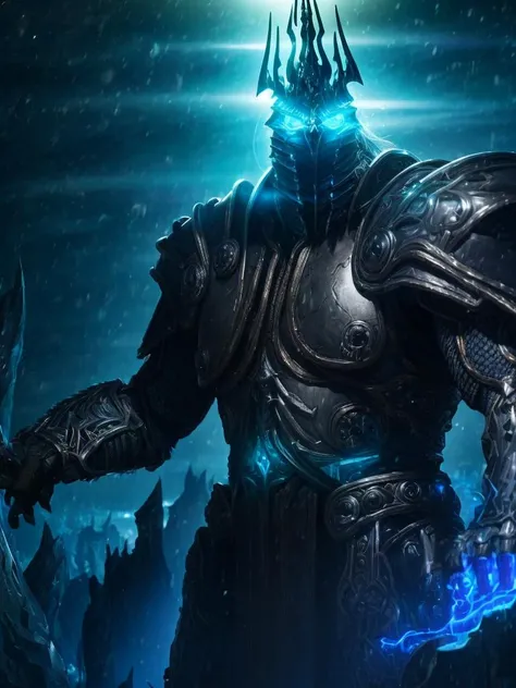 8k UHD, Photo by Nikon camera, masterpiece, (<lora:lich_king:1> Lich King), (artistic, handmade, oil painting), man, male, watching viewer, 8k unreal engine render, glow, action shot, detailed eyes, very vivid lighting, detailed, (vibrant, photo realistic, realistic, dramatic, dark, sharp focus), <lora:add_detail:0.8>, <lora:hotarublurbk_v100:-1>