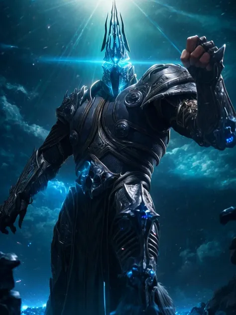 8k UHD, Photo by Nikon camera, masterpiece, (<lora:lich_king:1> Lich King), man, male, watching viewer, 8k unreal engine render, glow, action shot, detailed eyes, very vivid lighting, detailed, (vibrant, photo realistic, realistic, dramatic, dark, sharp focus), <lora:add_detail:0.8>, <lora:hotarublurbk_v100:-1>