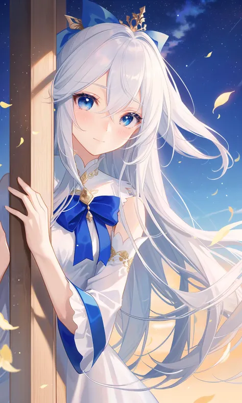 pandora,pddf,blue eyes, long hair, grey hair, white hair, forehead, blush, bangs, small breasts, parted bangs, barefoot,ribbon,hair ribbon,blue ribbon, <lora:peeking out upper body:1>peeking out upper body