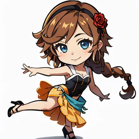 masterpiece, best quality, <lora:Agnea-12:0.7> Agnea, skirt, dress, hair flower, high heels <lora:DarkCabalChibiStyle:1> chibi, white background, simple background, dancing, smile