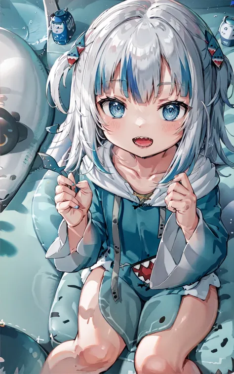 best quality,highly detailed,masterpiece,ultra-detailed,solo,(1girl),Delicate eyes, multicolored_hair, tail, virtual_youtuber, gawr_gura,expressionless, blue_hair, fish_tail, streaked_hair, shark_tail, hoodie, teeth, shark_hair_ornament, blue_eyes, hood, hair_ornament, blunt_bangs, open_mouth, blue_hoodie, solo, two-tone_hair, two_side_up, letterboxed, bangs, long_hair, <lora:virtualYoutuberGawr_ggV1:0.7>