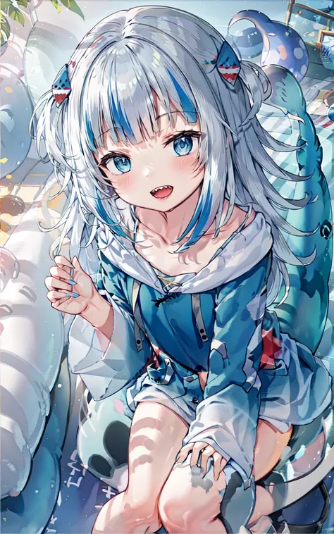 best quality,highly detailed,masterpiece,ultra-detailed,solo,(1girl),Delicate eyes, multicolored_hair, tail, virtual_youtuber, gawr_gura,expressionless, blue_hair, fish_tail, streaked_hair, shark_tail, hoodie, teeth, shark_hair_ornament, blue_eyes, hood, hair_ornament, blunt_bangs, open_mouth, blue_hoodie, solo, two-tone_hair, two_side_up, letterboxed, bangs, long_hair, <lora:virtualYoutuberGawr_ggV1:0.7>