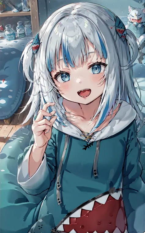 best quality,highly detailed,masterpiece,ultra-detailed,solo,(1girl),Delicate eyes, multicolored_hair, tail, virtual_youtuber, gawr_gura,expressionless, blue_hair, fish_tail, streaked_hair, shark_tail, hoodie, teeth, shark_hair_ornament, blue_eyes, hood, hair_ornament, blunt_bangs, open_mouth, blue_hoodie, solo, two-tone_hair, two_side_up, letterboxed, bangs, long_hair, <lora:virtualYoutuberGawr_ggV1:0.7>
