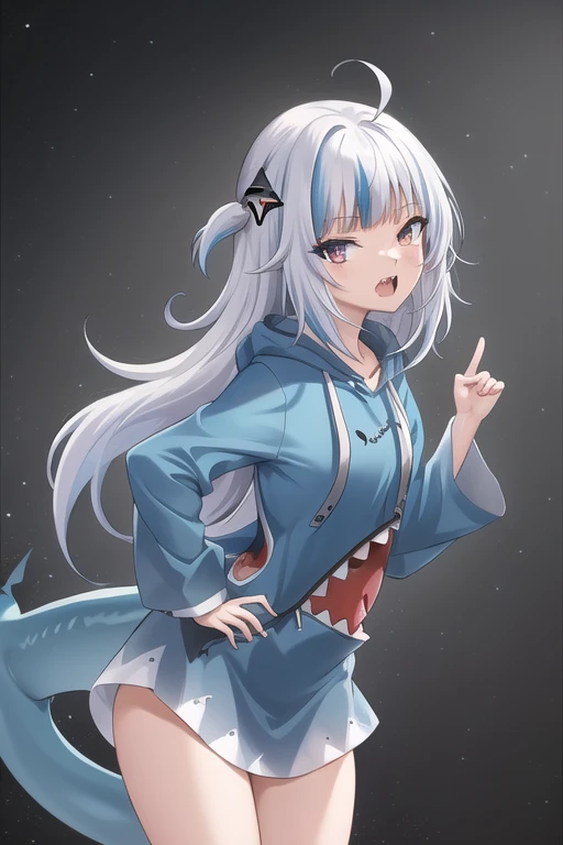 2d, masterpiece, best quality, anime, highly detailed eyes, highly detailed face, (cowboy shot), 1 girl, solo, standing, studio background, (black background), gawr gura, gura, shark girl, tail, shark tail, sharp teeth, open mouth, white hair, multicolored hair, petite, blue hoodie, hair ornament, <lora:virtualYoutuberGawr_ggV1:0.4>