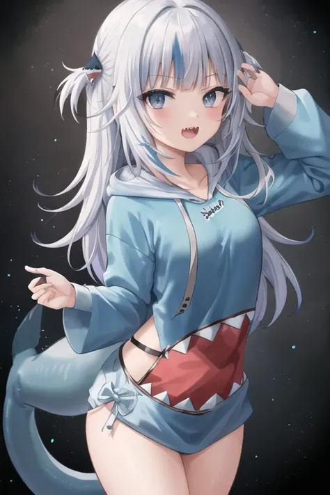 (2d, masterpiece, best quality, anime), highly detailed eyes, highly detailed face, (cowboy shot), 1 girl, solo, standing, studio background, (black background), gawr gura, gura, shark girl, tail, shark tail, sharp teeth, open mouth, white hair, multicolored hair, petite, blue hoodie, hair ornament, <lora:virtualYoutuberGawr_ggV1:0.4>