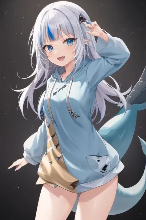 2d, masterpiece, best quality, anime, highly detailed eyes, highly detailed face, (cowboy shot), 1 girl, solo, standing, studio background, (black background), gawr gura, gura, shark girl, tail, shark tail, sharp teeth, open mouth, white hair, multicolored hair, petite, blue hoodie, hair ornament, <lora:virtualYoutuberGawr_ggV1:0.4>