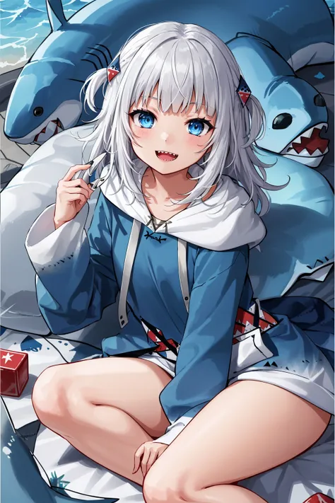 best quality, intricate details,
1girl, white hair, blue eyes, sharp eyes,messy hair, blue highlights, sharp teeth,
blue hoodie, shark teeth design, bare legs, hair ornament,
gawr gura,<lora:gawr gura:0.4>