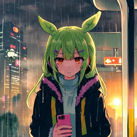 masterpiece,best quality,original characters,(((shadows,best shadows,poor light))),shadow on face,((((dusk,sunset)))),moon,moon light,(train station),(((foggy,rain,rainy,grey sky))),((train,subway,bus)),dim scene,depth of field,fisheye,mobile phone,(((1girl looking at phone and listenning music))),((shaded face)),Zundamon,(green hair),orange eyes,earphone,(melancholy),dim and hollow eyes,building,solo,cityscape,skyscraper,city,sky,jacket,bangs,outdoors,fur trim,halftone,fur-trimmed jacket,long sleeves,long hair,hairclip,fur-trimmed coat,blunt bangs <lora:Zundamon:1>