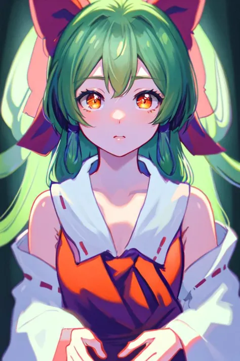 masterpiece, best quality, ultra-detailed, illustration, portrait, hakurei reimu, 1girl,Zundamon,green hair,Orange eyes, throne room, dimly lit <lora:nijiStyle:0.4> <lora:Zundamon:1>