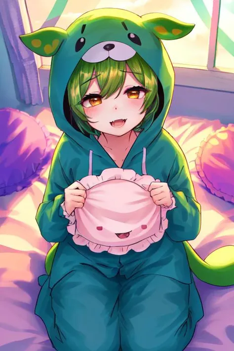 Original Characters, Natural Volumetric Lighting And Best Shadows, Deep Depth Of Field, Sharp Focus, Portrait Of Stunningly Beautiful Petite Girl, Soft Delicate Beautiful Attractive Face With Alluring Orange Eyes, Lovely Small Breasts, Sharp Eyeliner, (Yawning And Out Half Closed Eyes:1.05), Open Mouth With Cute Fangs, green Hair, Thick Layered Medium Hairstyles, Blush Eyeshadow With Thick Eyelashes, Parted Lips, Cute Kigurumi Pajamas, (Huging Long Pillow:1.1), (Sitting On Moon/Stars/Clouds Patterned Lovely Duvet Bed:1.2), (Loft Bedroom Under Circular Window:1.15), (Highest Quality, Amazing Details:1.4), Masterpiece, Bloom, Picturesque, Brilliant Colorful Paintings <lora:Zundamon:1>