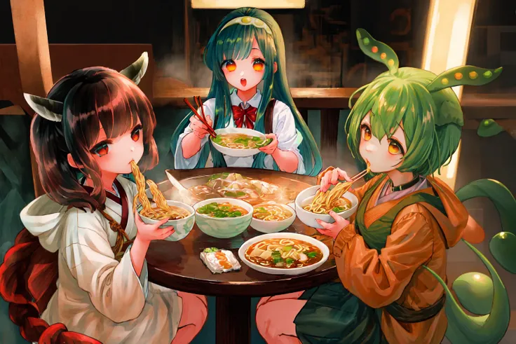 masterpiece, best quality, ultra-detailed, 3girls, ((ramen restaurant))
AND masterpiece, best quality, 3girls, <lora:kiritan:0.75>,kiritan,white kimono, brown hair, red eyes,upper_teeth, (:1.2), (sitting:1.1) ,ichiraku ramen, (eating ramen noodles:1.0), holding chopsticks and ramen bowl, slurp one's noodles
AND masterpiece, best quality, 3girls, <lora:v zunko2:0.75> zunko, green hair,very long hair,school uniform,upper_teeth, (teen agesitting:1.1) ,ichiraku ramen, (eating ramen noodles:1.0), holding chopsticks and ramen bowl, slurp one's noodle
AND masterpiece, best quality, 3girls, <lora:Zundamon:1>zundamon,green hair, orange eyes, green skirt, white dress,upper_teeth, (teen age:1.2), (1.1) ,ichiraku ramen, (eating ramen noodles:1.0), holding chopsticks and ramen bowl, slurp one's noodles