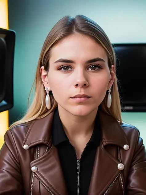portrait of mashaborzunova a woman, (jewelry, earrings, pearl earrings, wearing leather jacket, worried look), ((tv host in television news studio)), RAW, best quality, masterpiece, ultra-detailed, photorealistic, hyperdetailed, hyperrealism, 8k, full sharp, (extremely detailed eyes, extremely detailed face), detailed skin, textured skin, insane details, soft lighting, UHD, looking at viewer, volumetric lighting, intricate details, sharp focus, absurdres, highres, style by Alfred Sisley, bold, bright colours, by Robert Virga , bloom, fujifilm xt-4, film strip, <lora:v10-mashaborzunova-000018:1>