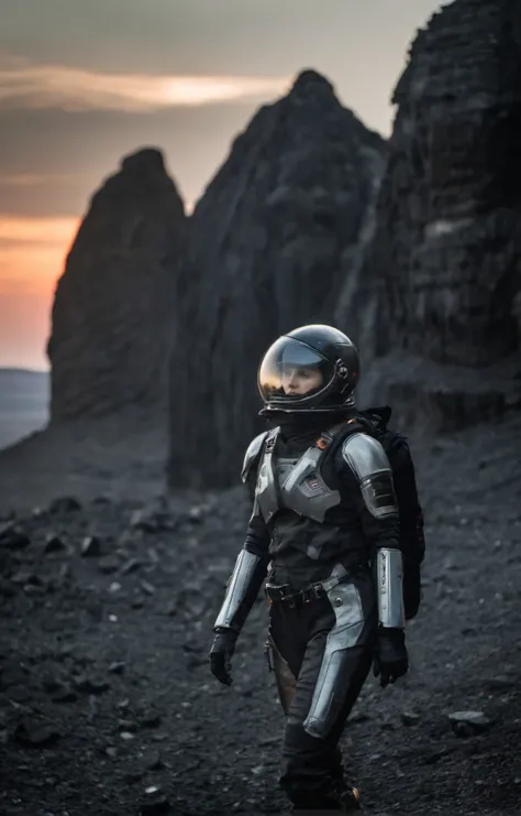 sci-fi aesthetics, a dark and moody realistic cinematic close-up shot of stunning Sint Maarten woman with a small smile cosmonaut wearing a spacesuit and glass dome helmet standing (with an abandoned mining rig in the background:1.4) on alien landscape dominated by jagged, sharp obsidian-like rock formations that jut out from the ground at odd angles, clear weather, at sunset, dim lit, foggy, muted colors, hazy, vintage, analog style, science fiction, star citizen cinematic lighting, film grain, imax