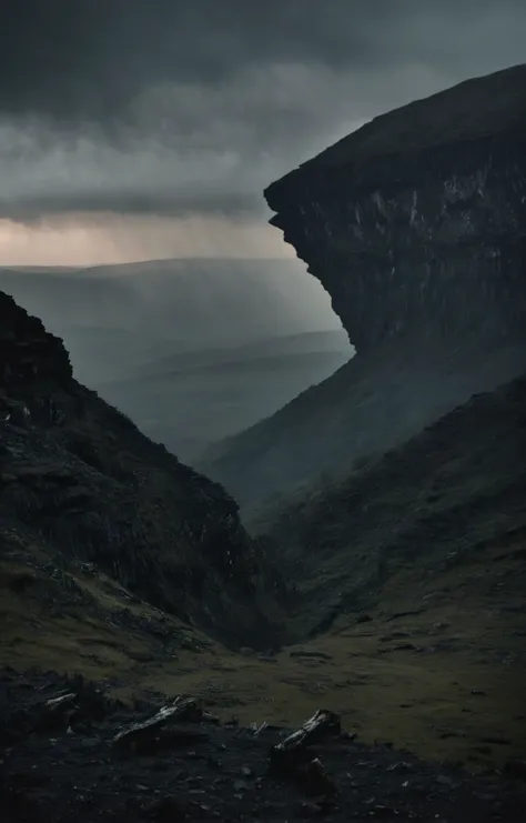 sci-fi aesthetics, a dark and moody realistic cinematic shot of alien landscape with flat plains and long steep cliffs, a landscape scarred by craters (with a derelict loading bay in the background:1.4), a heavy rain storm, at dusk, dim lit, foggy, muted colors, hazy, vintage, analog style, science fiction, star citizen cinematic lighting, film grain, imax