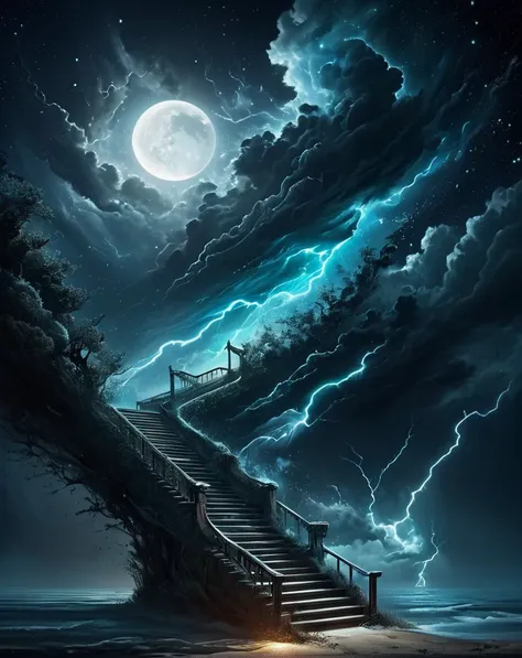 a stairway to heaven, storm, night, surrealism, bioluminescent, glowing, ral-dissolve, highly detailed <lora:Bio-LuminescenceXL_[bioluminescent_glowing]:0.7> <lora:TestPSD surrealism:0.6> <lora:dissolve_style [ral-dissolve]-sdxl:0.95>