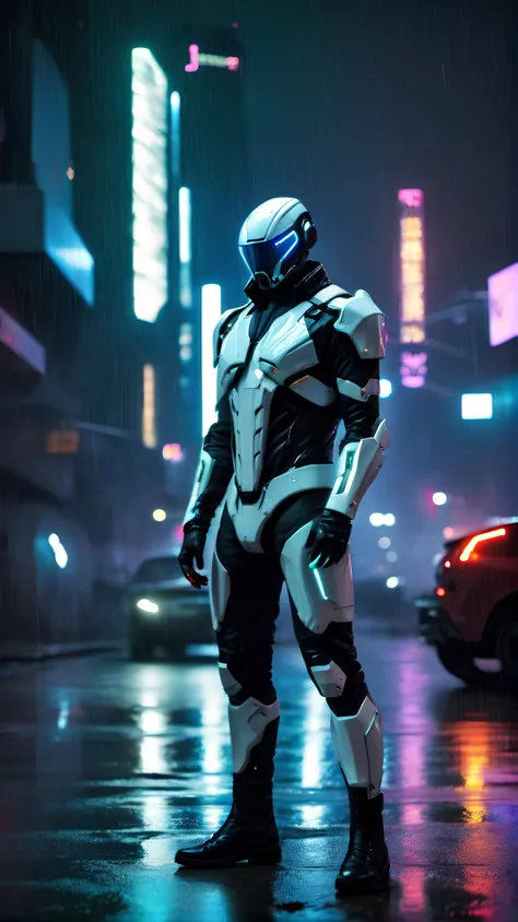 1 man, cinematic film shot of a white skin colored young man standing in front of a futuristic hypercar, futuristic hypercar on the streets, front side view of the futuristic hypercar, black futuristic full-body cyberpunk suit, cyberpunk city, cyberpunk streets, volumetric lighting, apartment buildings in the background, nighttime, rain, cyberpunk lighting, cyberpunk 2077 style, neon lighting, full-body portrait, detailed face, highly-detailed, hyper-realistic, realistic, 8K resolutions, ultra-high resolutions, IMAX, best quality, masterpiece. <lora:RoboXLv2(å¤éª¨éª¼æºç²):0.9>