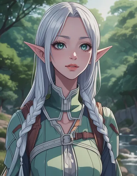 colored lineart, lineart, cel shading, anime style, best quality, masterpiece, detailed background, thick outlines, elf, elf woman with a long single braid, (pointy ears:1.9), green eyes, red hair, (armor:1.5), rogue, leather armor