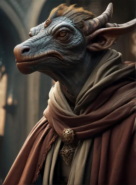 cinematic close up shot, powerful pose, intimidating look, a fantastical creature that blends the best of human, animal, and mythical traits, wearing a worn out robe, worn out old mage outfit, worn out scarfs flying in the air around the neck,