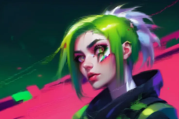 (((masterpiece, best quality, high quality,))) (pop-art:0.8), woman, messy green hair, (glitch:1.33), glowing white eyes, just a strange face in a, strange place, detailed background, (ninja), cyber-punk,