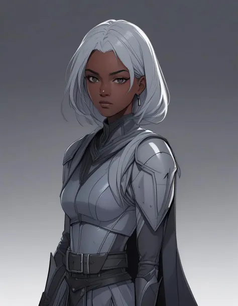 colored lineart, lineart, cel shading, anime style, best quality, masterpiece, detailed background, thick outlines, dark elf, drow woman with a long single braid, (grey skin, black skin:2.0), (pointy ears:1.9), red eyes, white hair, armor, holding dagger, crouching, sneaking through cave, rogue, knife, leather armor