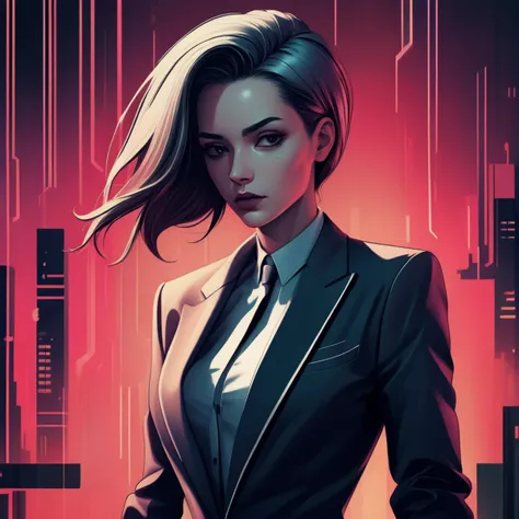 art by Juan Carreo de Miranda, medium wide shot of a Sophisticated hourglass figure (Female:1.2) , wearing Financial analyst [Boyfriend blazer and skinny jeans|Wizard hat], Cyberpunk hairstyle, Minimalist background, deep focus, Horror, Classicism Art, waning light, Selective focus, four colors