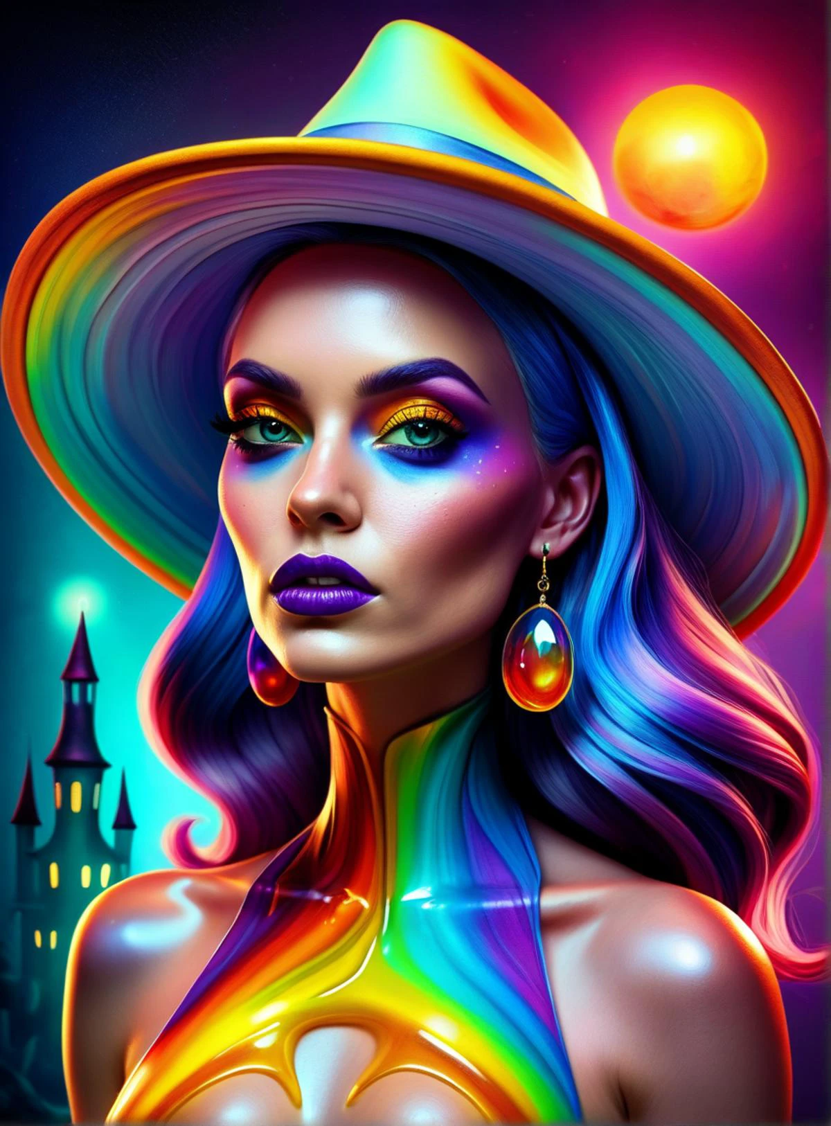 an extremely delicate and beautiful,masterpiece,best quality, ultra-detailed, illustration,Gorgeous and rich graphics,watercolor,realistic,floating,disheveled hair, liquid hair,solo,a girl,beautiful detailed girl,witch hat,holding_magic_cane ,colorful eyes,beautiful detailed eyes,platinum hair,multicolored hair,streaked hair, multicolored clothes,halloween,shining, sunlight,colorful bubble, colorful background,high saturation,surrounded by colorful splashes, 1girl