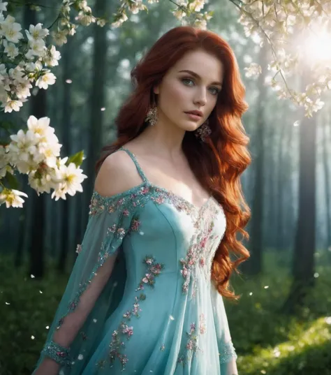 cinematic photo 8K Ultra HD, highly detailed,behold a captivating and ethereal spirit of a 20-year-old beautiful cute maiden, full body, gracefully adorned with the essence of blooming flowers, Her long flowing red hair, like silken threads of sunlight, cascades gracefully down her back, interwoven with delicate floral accents that mirror the surrounding blooms. Her eyes, the color of the deepest forest emeralds, sparkle with a hint of magic and mystery, Her attire is a delicate masterpiece, crafted from petals and leaves, each piece carefully chosen to complement her ethereal beauty, In her hand, she holds a delicate bouquet of the most exquisite flowers, their vibrant colors mirroring her own radiant aura, by yukisakura, Highest quality, . 35mm photograph, film, bokeh, professional, 4k, highly detailed