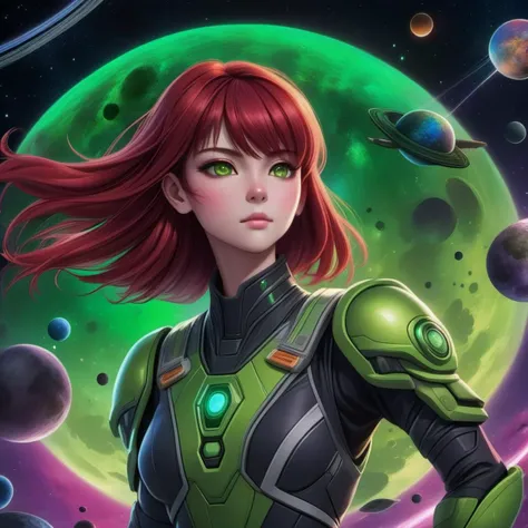 anime gundam wing style, masterpiece, best quality, high quality, (mid body portrait:1.55) action pose,walking around,cinematic,
galaxy sky with planets,((female green skinned alien:1.6) beautiful black red hair woman with intricate sexy cyber astronaut :1.3) ,eyes glowing purple red yellow splash,(creepy fantasy aesthetic:1.35),(magic dust swirling around:1.3), dark planet, exploring new world, Hyperdetailed, natural lighting, soft lighting,vibrant colors ,galaxy, bright glow behind goddess, ray tracing,volumetric lighting, glow behind elf,
HDR (High Dynamic Range), art by artstation, popsugar,wlop, demon slayer dynasty warriors art,Maximum Clarity And Sharpness, glowing neon light background, high contrast