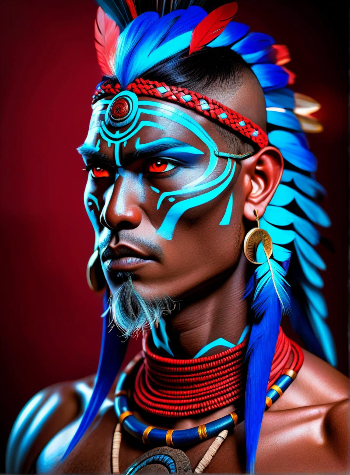 1man, portrait photo of a asia old warrior chief, tribal panther make up, blue on red, side profile, looking away, serious eyes, 50mm portrait photography, hard rim lighting photography