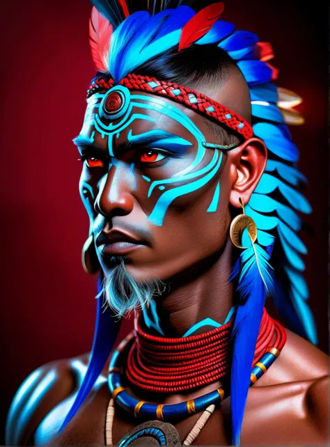 1man, portrait photo of a asia old warrior chief, tribal panther make up, blue on red, side profile, looking away, serious eyes, 50mm portrait photography, hard rim lighting photography
