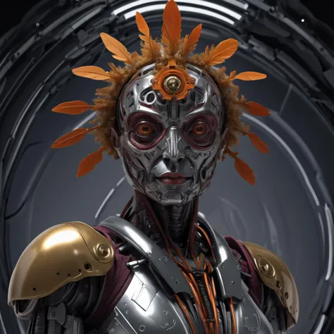 complex 3d render ultra detailed Celestial Cyberman, hollow body, biomechanical cyborg, analog 150 mm lens, beautiful natural soft rim light, crystal feathers, roots, fine foliage Platinum, colorful details, Boris Bidjan Saberi outfit, Paper Sports Team Face Paint, Umbrella, art nouveau fashion embroidered, intricate details, mesh wire, mandelbrot fractal, facial muscles, cable wires, microchip, badass, hyper realistic, ultra detailed, octane render, volumetric lighting, 8k post-production, Maroon and Orange with a bit of Mustard, detailled Gold bones, semi human, two colors, Glenn Brown style, Unusual room, power of the Treachery, high-angle shot, complex body poses, grnk woman <lora:gruntnkStyle:1>