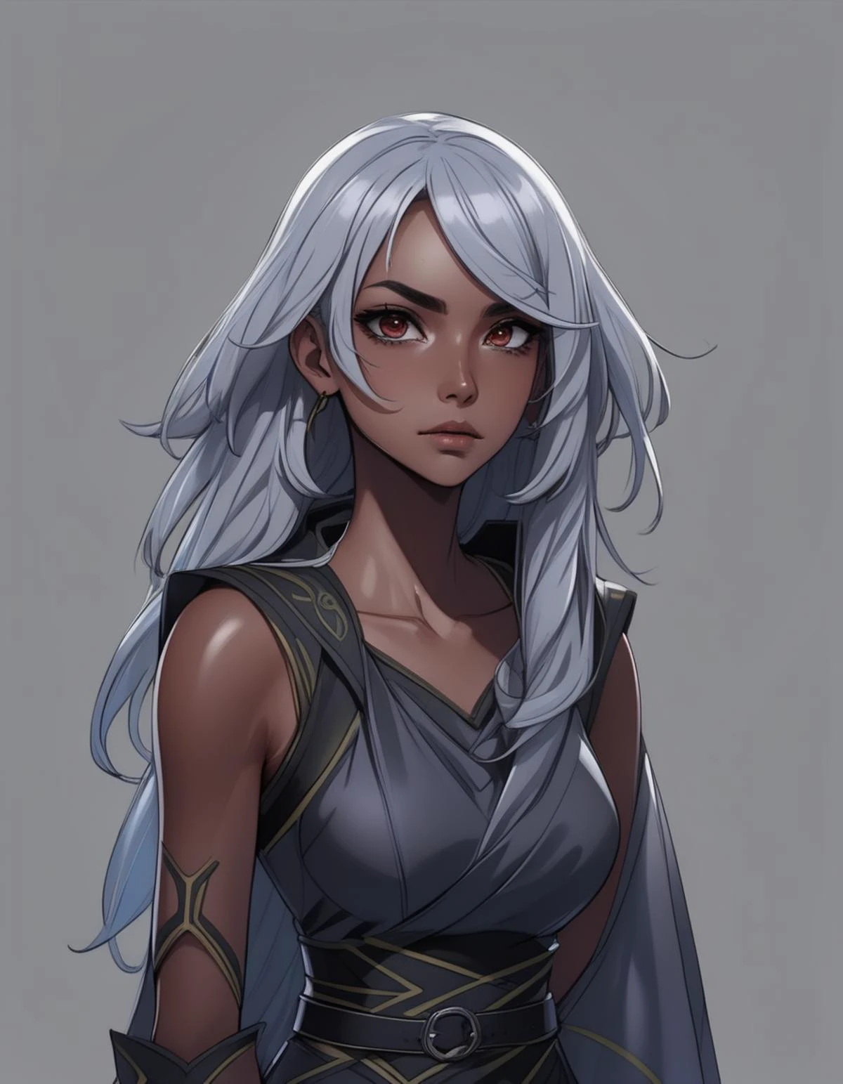 colored lineart, lineart, cel shading, anime style, best quality, masterpiece, detailed background, thick outlines, dark elf, drow woman with a long single braid, (grey skin, black skin:2.0), (pointy ears:1.5), red eyes, white hair, armor, holding dagger, crouching, sneaking through cave, rogue, knife