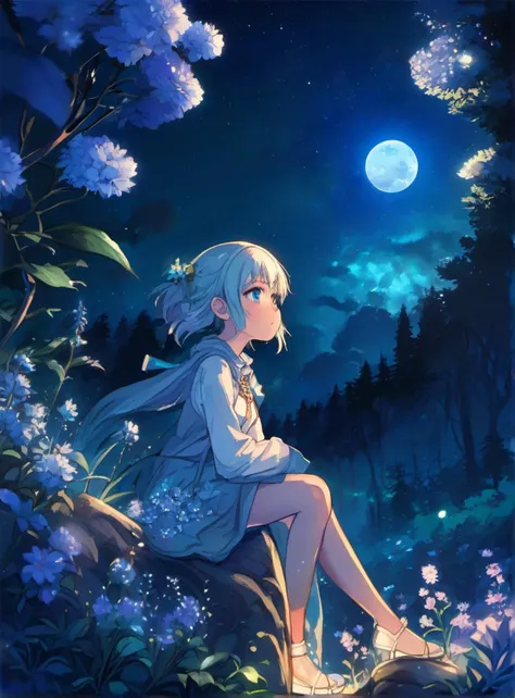 anime, digitally drawn art, pixiv all time top ranking image, fantasy, intricate, a cute girl, looking at sky, looking at viewer sitting on a stone with flowers beside it, forest background, two blue moons in a night sky, highly detailed, illuminated