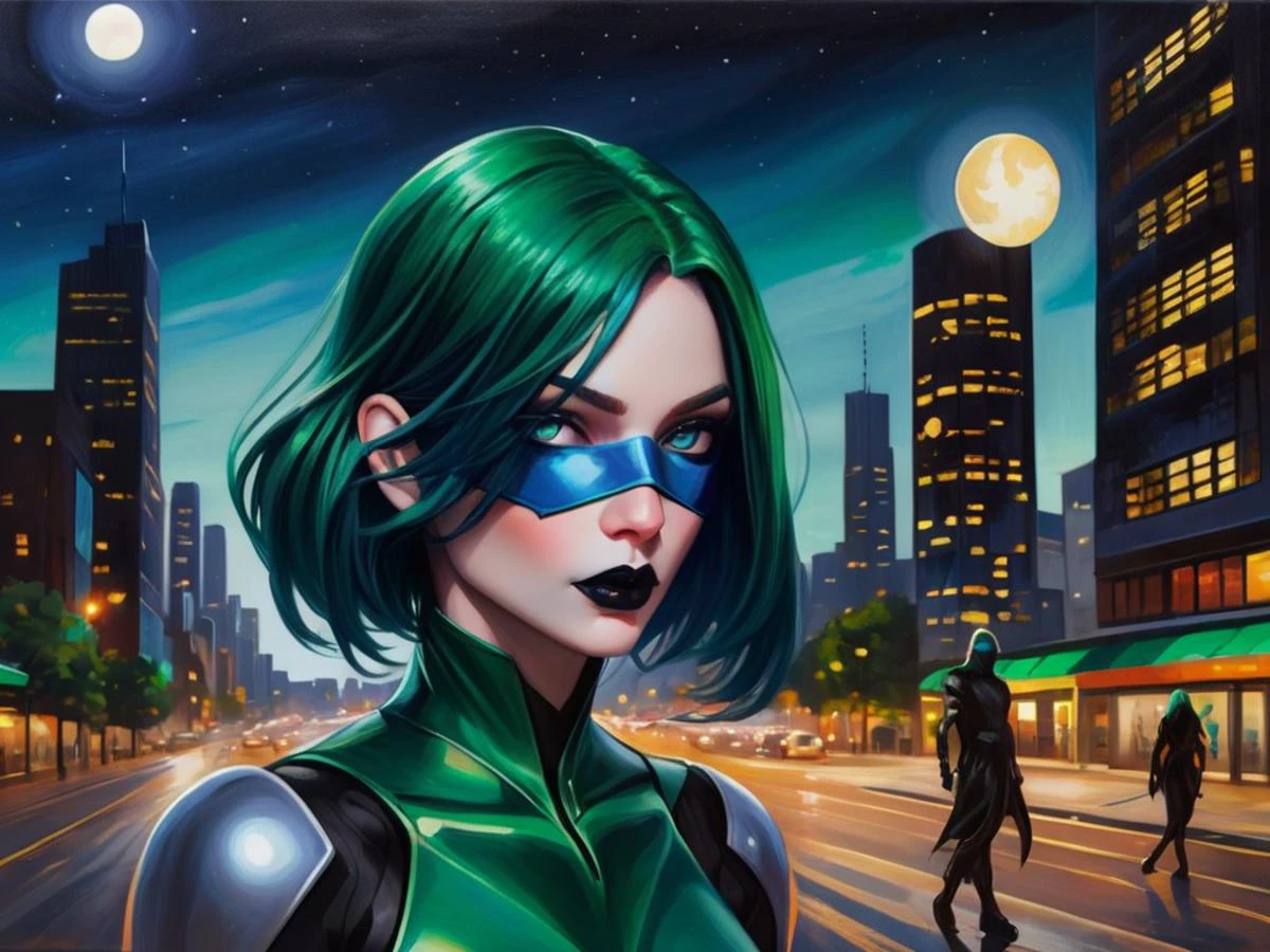 oil painting, woman, emerald hair, black lips, blue eyes, cyber-ninja wearing a mask in the city, dark moonlight, low light, <lora:JasmineStyleV2:1.0>