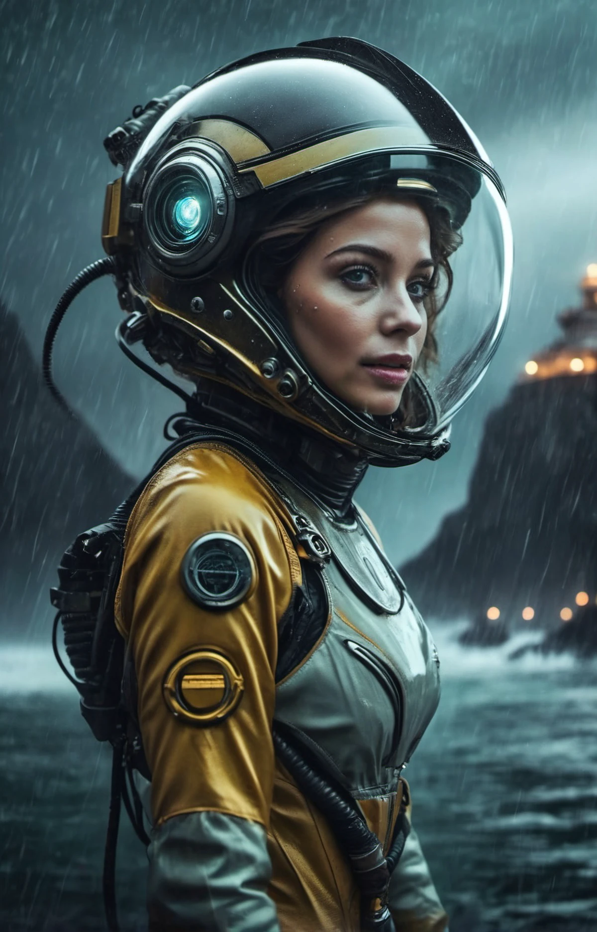 sci-fi aesthetics, a dark and moody realistic cinematic close-up shot of stunning Nicaraguan woman with a big smile cosmonaut wearing a spacesuit and glass dome helmet walking (with a futuristic oil refinery in the background:1.4) on ocean alien landscape where water covers the entire surface, teeming with marine life of all shapes and sizes, a heavy rain storm, aurora, detailed face, stunning beauty, detailed skin, skin texture, skin pores, (freckles:0.9), dim lit, foggy, muted colors, hazy, vintage, analog style, science fiction, star citizen cinematic lighting, film grain, imax