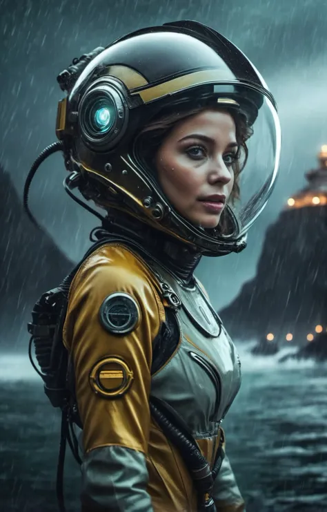 sci-fi aesthetics, a dark and moody realistic cinematic close-up shot of stunning Nicaraguan woman with a big smile cosmonaut wearing a spacesuit and glass dome helmet walking (with a futuristic oil refinery in the background:1.4) on ocean alien landscape where water covers the entire surface, teeming with marine life of all shapes and sizes, a heavy rain storm, aurora, detailed face, stunning beauty, detailed skin, skin texture, skin pores, (freckles:0.9), dim lit, foggy, muted colors, hazy, vintage, analog style, science fiction, star citizen cinematic lighting, film grain, imax