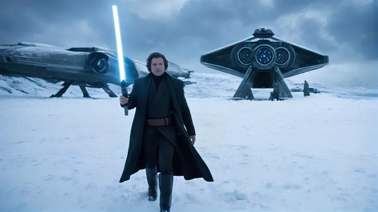 1 man, cinematic film shot of a Jedi warrior holding a blue lightsaber walking in the snow alone, Star Wars architecture, Star Wars style, solo focus, volumetric lighting, cinematic lighting, cinematic scene, detailed face, hyper-realistic, IMAX, ultra-high resolutions, best quality, masterpiece
