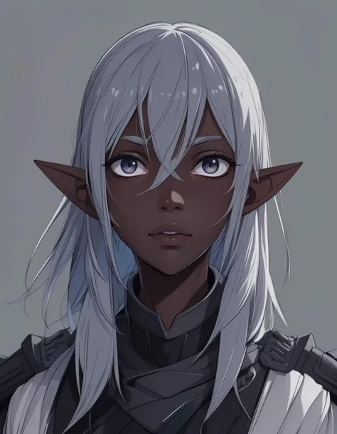 colored lineart, lineart, cel shading, anime style, best quality, masterpiece, detailed background, thick outlines, dark elf, drow woman with a long single braid, (grey skin, black skin:2.0), (pointy ears:1.5), red eyes, white hair, armor, holding dagger, crouching, sneaking through cave, rogue, knife