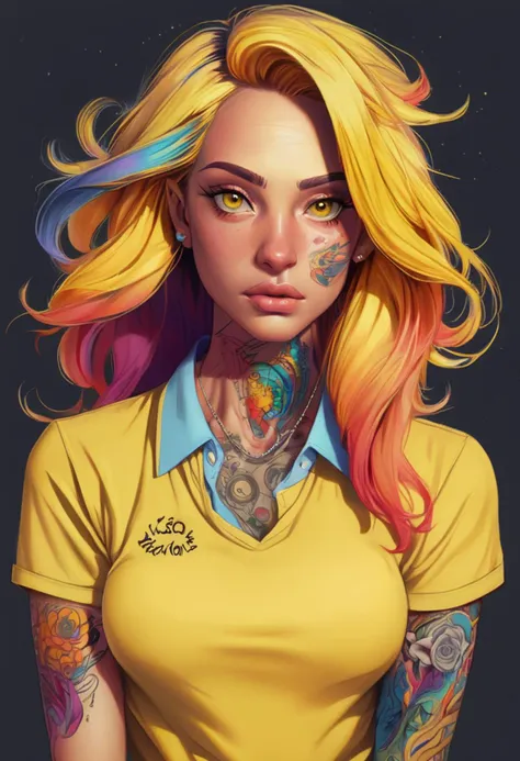 art by Ryohei Fuke, (art by Lauren Faust:1.3) , colored pencil drawing, Photograph of a Original Ignorant small (Woman:1.3) , ð, Writing, wearing Yellow Polo shirt with Runes designs, Facing forward, [Honest|Wispy] hair styled as Bantu knots, Greedy Wings, Body Tattoos, Formula 1 car Tattoo, inside a Basic Moscow, lush foliage, horizon-centered, Detailed illustration, Fearful, Amaranth hue, rainbow swirl, Best quality