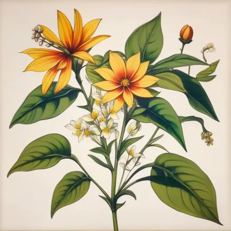 makino painting of a botanical encyclopedia, flowers, botanical drawing, sketch, leaves, cinematic oil painting <lora:makinostyle:1.5>