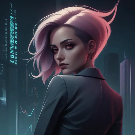 art by Juan Carreo de Miranda, medium wide shot of a Sophisticated hourglass figure (Female:1.2) , wearing Financial analyst [Boyfriend blazer and skinny jeans|Wizard hat], Cyberpunk hairstyle, Minimalist background, deep focus, Horror, Classicism Art, waning light, Selective focus, four colors