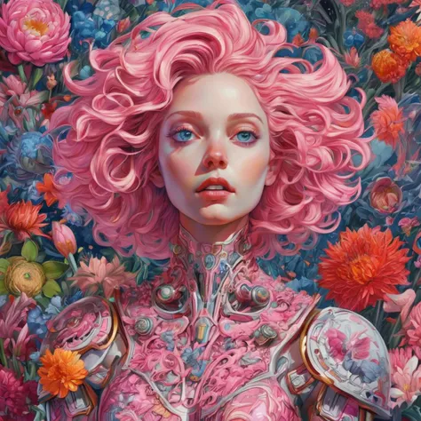 An ultra hd detailed painting of many different types of flowers by android jones, earnst haeckel, james jean. behance contest winner, generative art, baroque, intricate patterns, fractalism, movie still, photorealistic,Portrait of a Mecha January Jones surrounded by fire, portrait of (Android:1.4) Girl, warhammer, some fluorescent pink water, the middle ages, highly detailed, artstation, illustration, sylvari portrait, 8k quality, art by partick woodroof