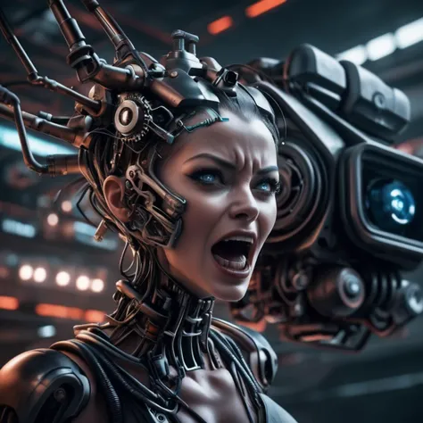 cinematic shot of an insane cybernetic woman with a mechanical jaw screaming to an audience