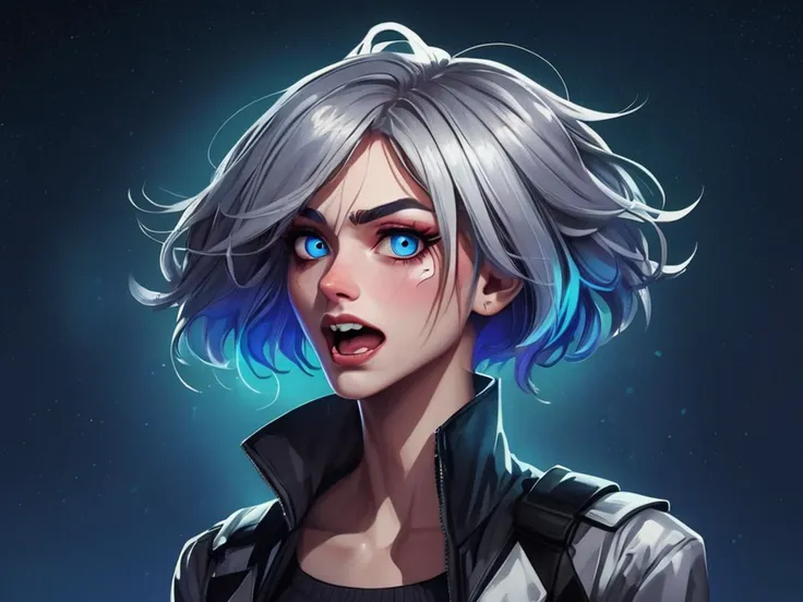 heavily stylized, (glitch:1.5), pop-art, woman, silver hair, blue eyes, glowing eyes, shocked face, evil smile, crazy, upset, angry, foreboding, blushing, detailed background, moonlight,